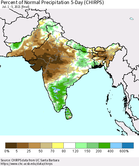 Southern Asia Percent of Normal Precipitation 5-Day (CHIRPS) Thematic Map For 7/1/2021 - 7/5/2021