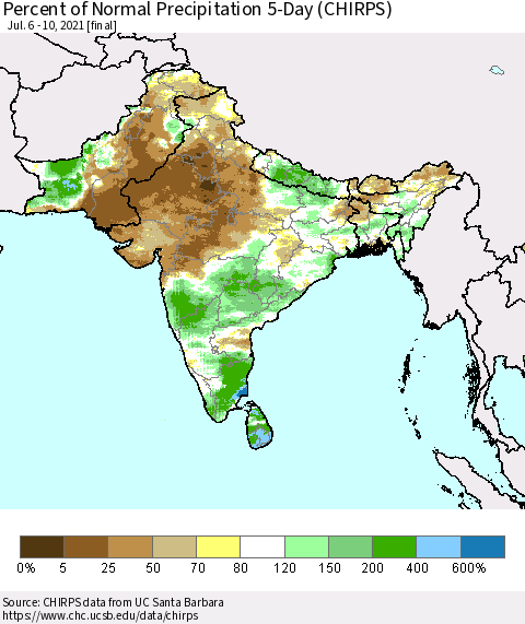 Southern Asia Percent of Normal Precipitation 5-Day (CHIRPS) Thematic Map For 7/6/2021 - 7/10/2021