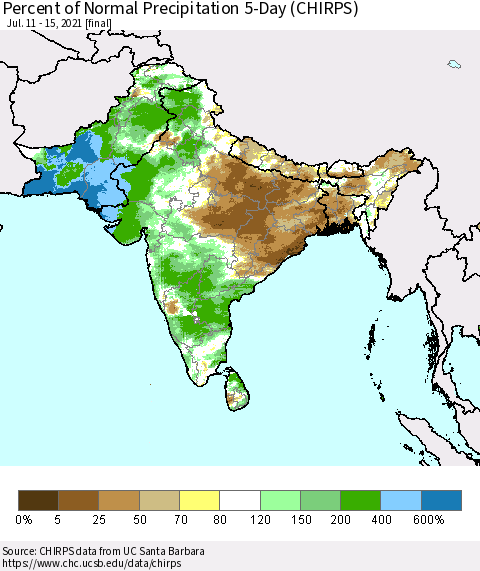 Southern Asia Percent of Normal Precipitation 5-Day (CHIRPS) Thematic Map For 7/11/2021 - 7/15/2021