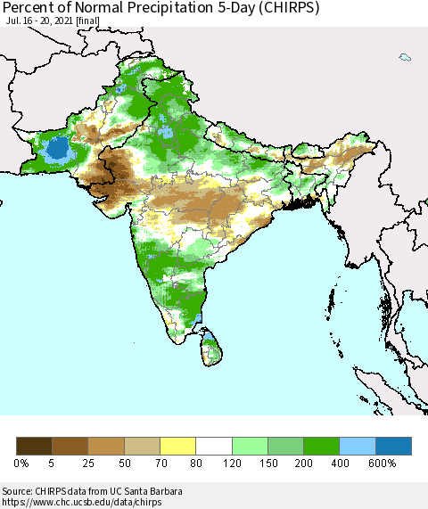 Southern Asia Percent of Normal Precipitation 5-Day (CHIRPS) Thematic Map For 7/16/2021 - 7/20/2021