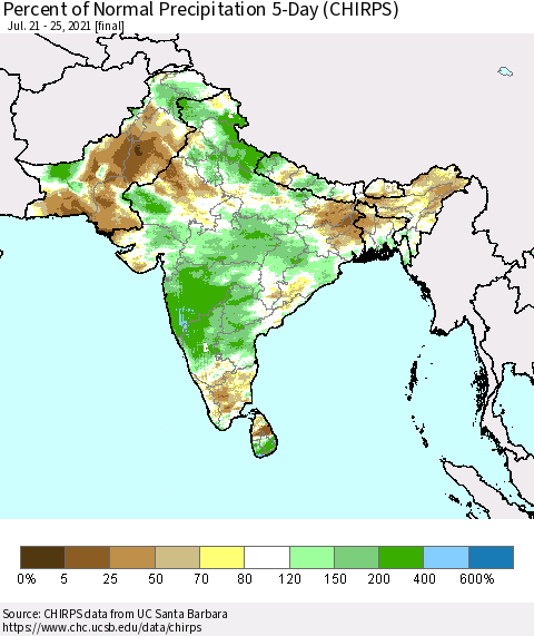Southern Asia Percent of Normal Precipitation 5-Day (CHIRPS) Thematic Map For 7/21/2021 - 7/25/2021