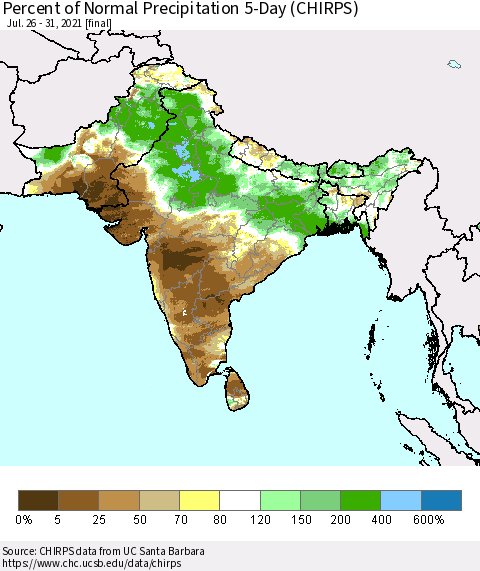 Southern Asia Percent of Normal Precipitation 5-Day (CHIRPS) Thematic Map For 7/26/2021 - 7/31/2021