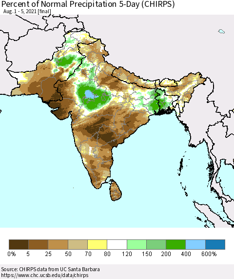 Southern Asia Percent of Normal Precipitation 5-Day (CHIRPS) Thematic Map For 8/1/2021 - 8/5/2021