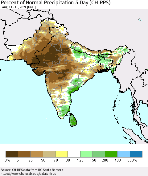 Southern Asia Percent of Normal Precipitation 5-Day (CHIRPS) Thematic Map For 8/11/2021 - 8/15/2021