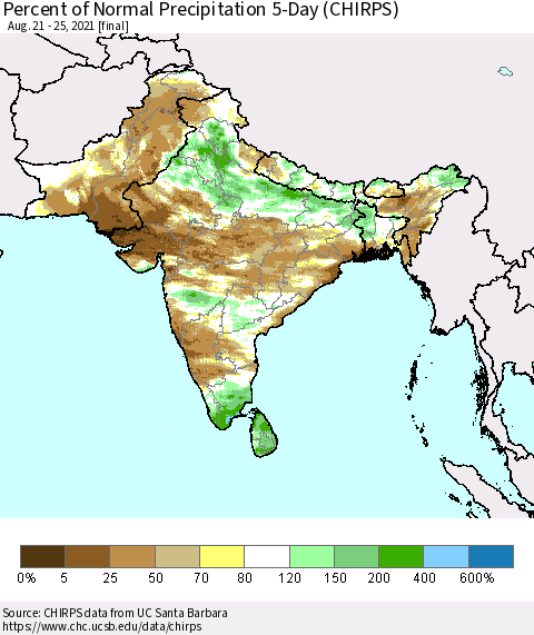Southern Asia Percent of Normal Precipitation 5-Day (CHIRPS) Thematic Map For 8/21/2021 - 8/25/2021