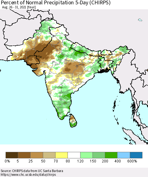 Southern Asia Percent of Normal Precipitation 5-Day (CHIRPS) Thematic Map For 8/26/2021 - 8/31/2021