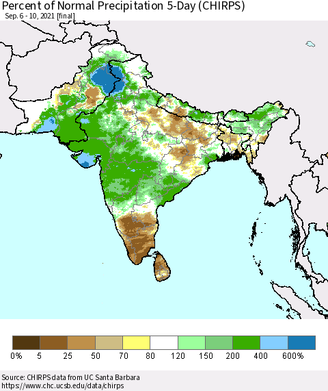 Southern Asia Percent of Normal Precipitation 5-Day (CHIRPS) Thematic Map For 9/6/2021 - 9/10/2021