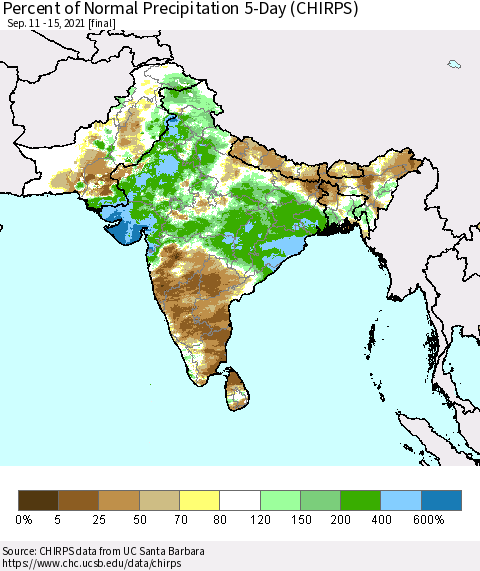 Southern Asia Percent of Normal Precipitation 5-Day (CHIRPS) Thematic Map For 9/11/2021 - 9/15/2021
