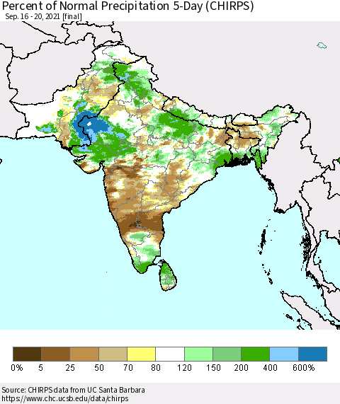 Southern Asia Percent of Normal Precipitation 5-Day (CHIRPS) Thematic Map For 9/16/2021 - 9/20/2021