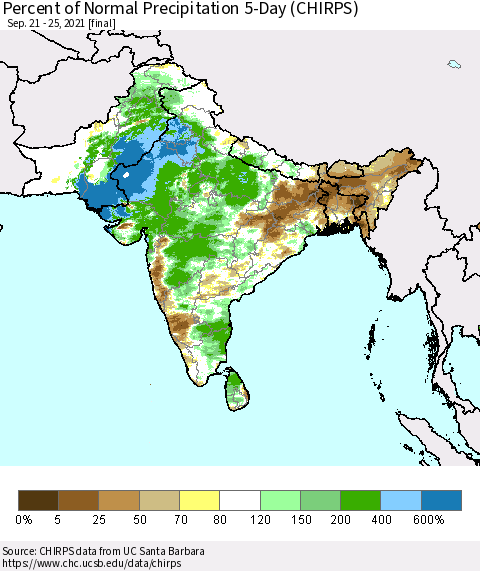 Southern Asia Percent of Normal Precipitation 5-Day (CHIRPS) Thematic Map For 9/21/2021 - 9/25/2021