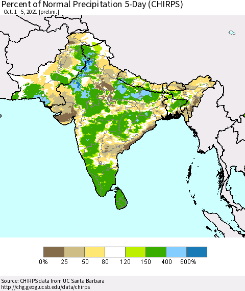 Southern Asia Percent of Normal Precipitation 5-Day (CHIRPS) Thematic Map For 10/1/2021 - 10/5/2021
