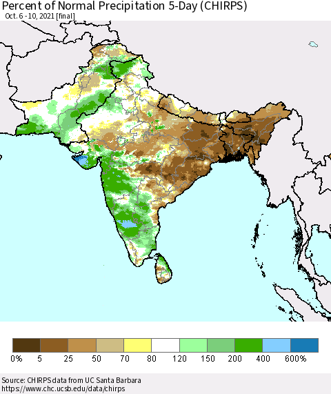 Southern Asia Percent of Normal Precipitation 5-Day (CHIRPS) Thematic Map For 10/6/2021 - 10/10/2021
