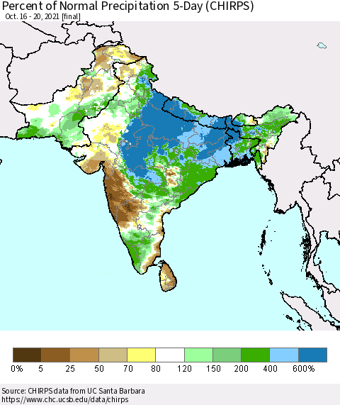 Southern Asia Percent of Normal Precipitation 5-Day (CHIRPS) Thematic Map For 10/16/2021 - 10/20/2021