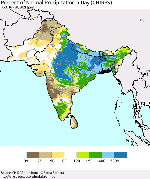 Southern Asia Percent of Normal Precipitation 5-Day (CHIRPS) Thematic Map For 10/16/2021 - 10/20/2021