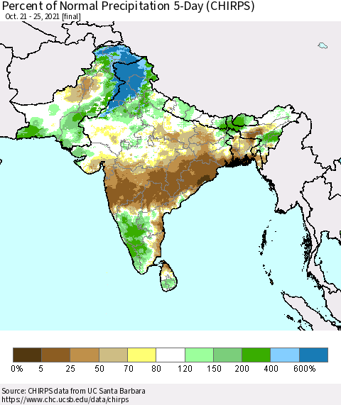 Southern Asia Percent of Normal Precipitation 5-Day (CHIRPS) Thematic Map For 10/21/2021 - 10/25/2021