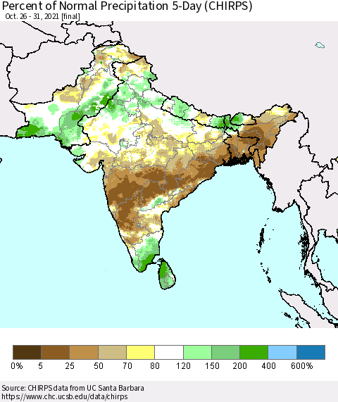 Southern Asia Percent of Normal Precipitation 5-Day (CHIRPS) Thematic Map For 10/26/2021 - 10/31/2021