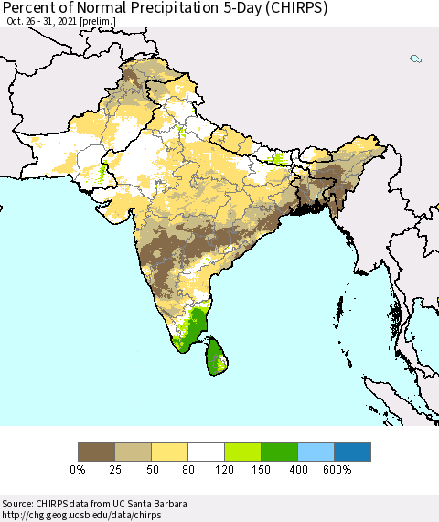 Southern Asia Percent of Normal Precipitation 5-Day (CHIRPS) Thematic Map For 10/26/2021 - 10/31/2021