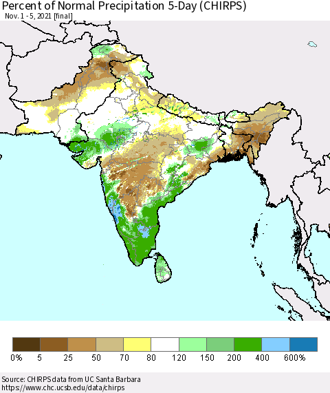Southern Asia Percent of Normal Precipitation 5-Day (CHIRPS) Thematic Map For 11/1/2021 - 11/5/2021