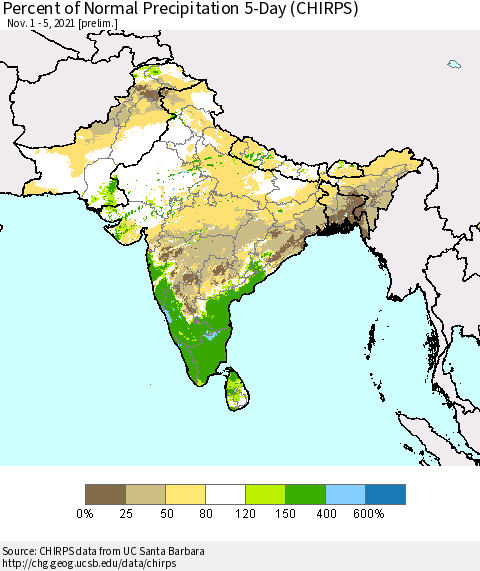 Southern Asia Percent of Normal Precipitation 5-Day (CHIRPS) Thematic Map For 11/1/2021 - 11/5/2021