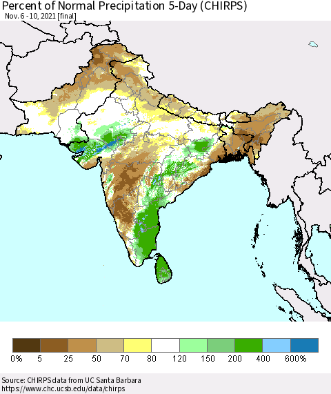 Southern Asia Percent of Normal Precipitation 5-Day (CHIRPS) Thematic Map For 11/6/2021 - 11/10/2021