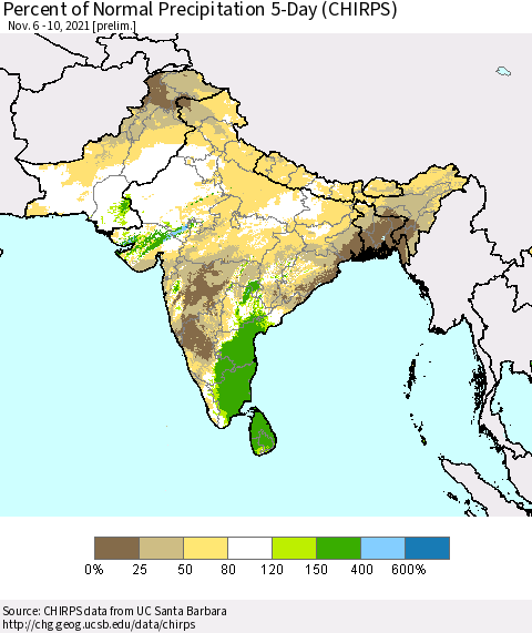 Southern Asia Percent of Normal Precipitation 5-Day (CHIRPS) Thematic Map For 11/6/2021 - 11/10/2021