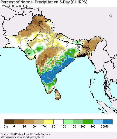 Southern Asia Percent of Normal Precipitation 5-Day (CHIRPS) Thematic Map For 11/11/2021 - 11/15/2021