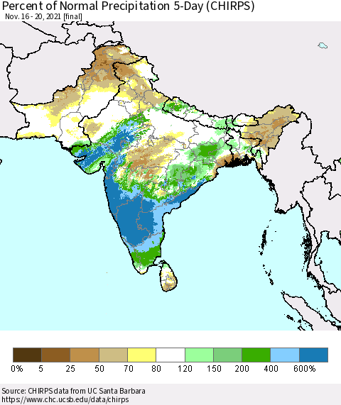Southern Asia Percent of Normal Precipitation 5-Day (CHIRPS) Thematic Map For 11/16/2021 - 11/20/2021