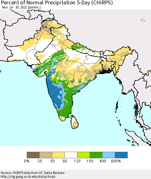 Southern Asia Percent of Normal Precipitation 5-Day (CHIRPS) Thematic Map For 11/16/2021 - 11/20/2021