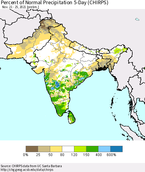 Southern Asia Percent of Normal Precipitation 5-Day (CHIRPS) Thematic Map For 11/21/2021 - 11/25/2021