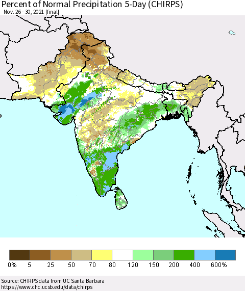 Southern Asia Percent of Normal Precipitation 5-Day (CHIRPS) Thematic Map For 11/26/2021 - 11/30/2021