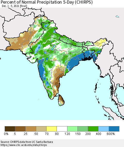 Southern Asia Percent of Normal Precipitation 5-Day (CHIRPS) Thematic Map For 12/1/2021 - 12/5/2021