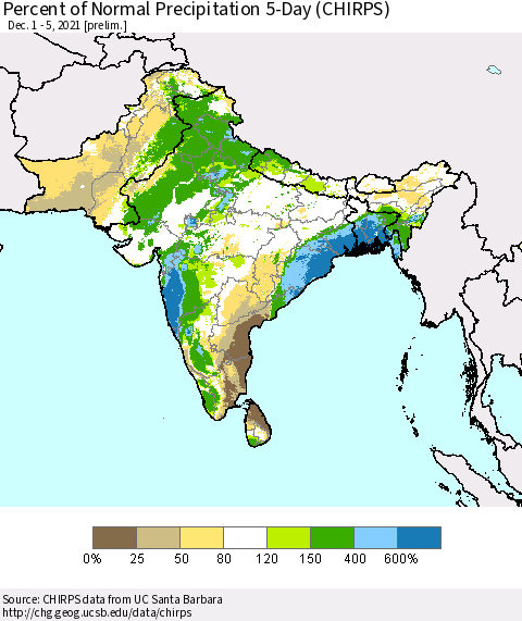 Southern Asia Percent of Normal Precipitation 5-Day (CHIRPS) Thematic Map For 12/1/2021 - 12/5/2021