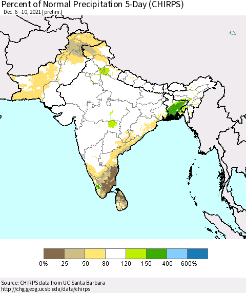 Southern Asia Percent of Normal Precipitation 5-Day (CHIRPS) Thematic Map For 12/6/2021 - 12/10/2021