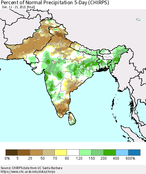 Southern Asia Percent of Normal Precipitation 5-Day (CHIRPS) Thematic Map For 12/11/2021 - 12/15/2021
