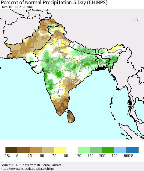 Southern Asia Percent of Normal Precipitation 5-Day (CHIRPS) Thematic Map For 12/16/2021 - 12/20/2021