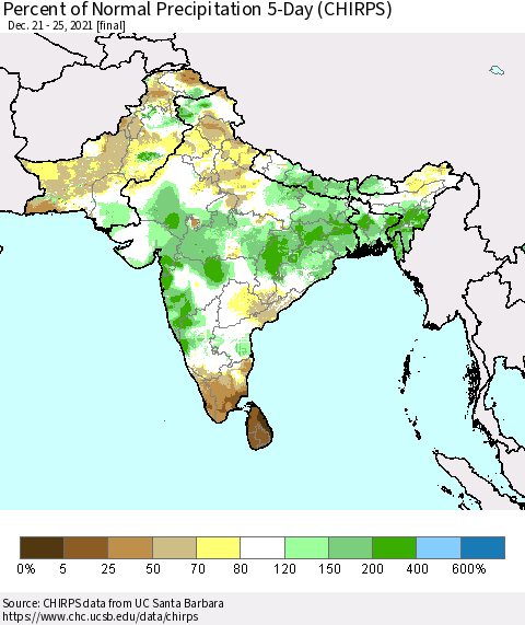 Southern Asia Percent of Normal Precipitation 5-Day (CHIRPS) Thematic Map For 12/21/2021 - 12/25/2021