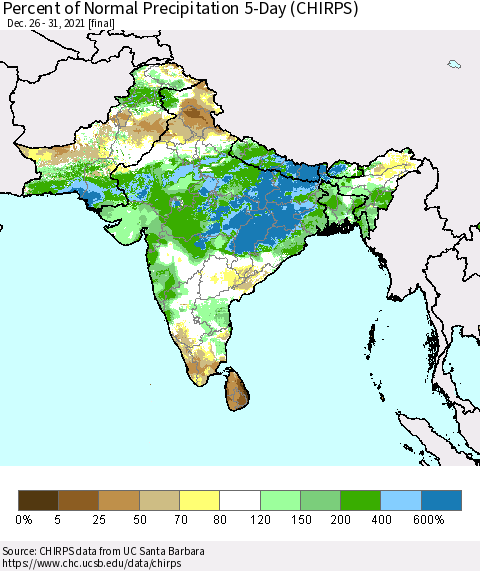 Southern Asia Percent of Normal Precipitation 5-Day (CHIRPS) Thematic Map For 12/26/2021 - 12/31/2021