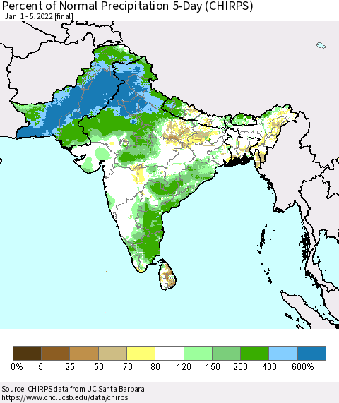 Southern Asia Percent of Normal Precipitation 5-Day (CHIRPS) Thematic Map For 1/1/2022 - 1/5/2022