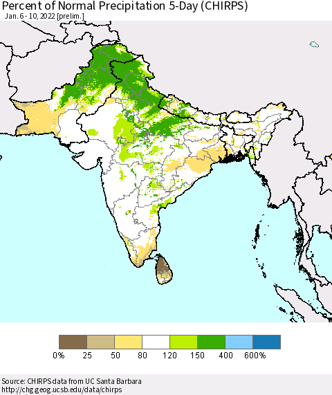Southern Asia Percent of Normal Precipitation 5-Day (CHIRPS) Thematic Map For 1/6/2022 - 1/10/2022