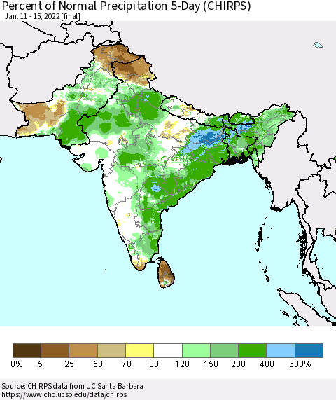 Southern Asia Percent of Normal Precipitation 5-Day (CHIRPS) Thematic Map For 1/11/2022 - 1/15/2022