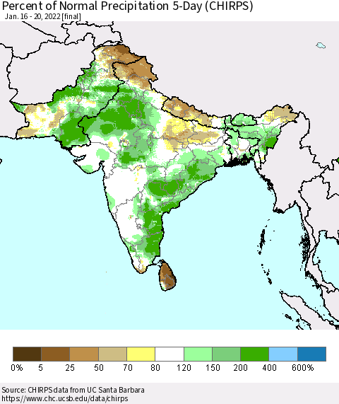 Southern Asia Percent of Normal Precipitation 5-Day (CHIRPS) Thematic Map For 1/16/2022 - 1/20/2022