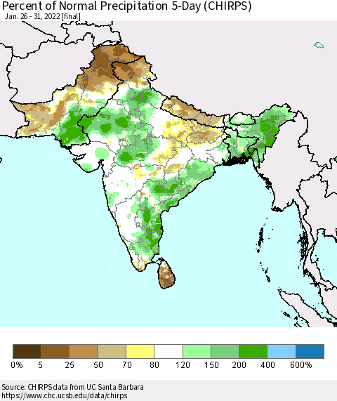 Southern Asia Percent of Normal Precipitation 5-Day (CHIRPS) Thematic Map For 1/26/2022 - 1/31/2022