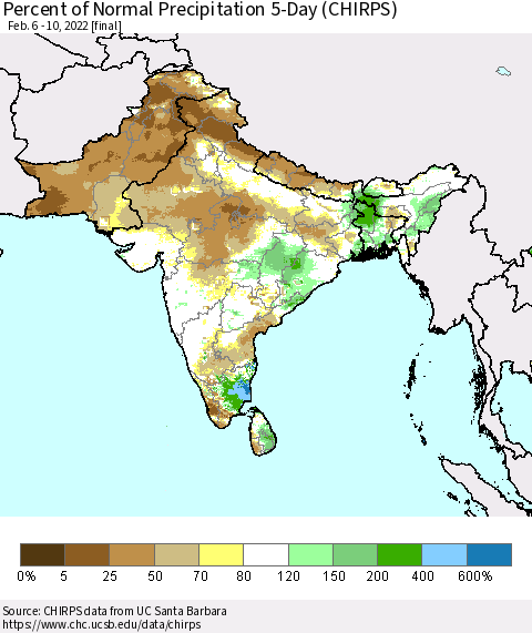 Southern Asia Percent of Normal Precipitation 5-Day (CHIRPS) Thematic Map For 2/6/2022 - 2/10/2022