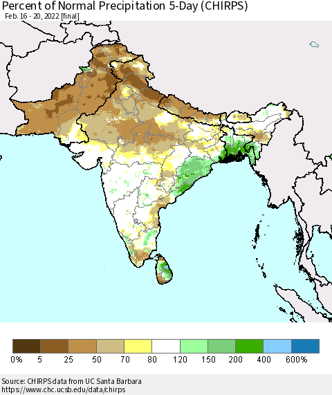 Southern Asia Percent of Normal Precipitation 5-Day (CHIRPS) Thematic Map For 2/16/2022 - 2/20/2022