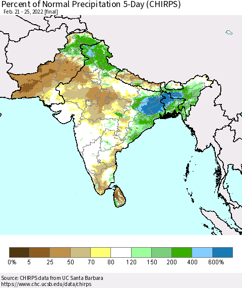 Southern Asia Percent of Normal Precipitation 5-Day (CHIRPS) Thematic Map For 2/21/2022 - 2/25/2022