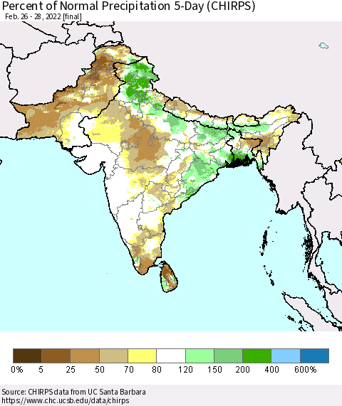 Southern Asia Percent of Normal Precipitation 5-Day (CHIRPS) Thematic Map For 2/26/2022 - 2/28/2022