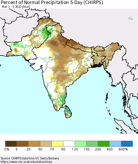 Southern Asia Percent of Normal Precipitation 5-Day (CHIRPS) Thematic Map For 3/1/2022 - 3/5/2022