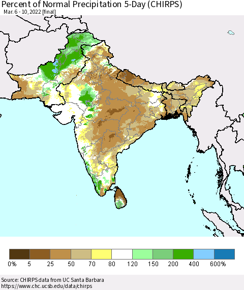 Southern Asia Percent of Normal Precipitation 5-Day (CHIRPS) Thematic Map For 3/6/2022 - 3/10/2022