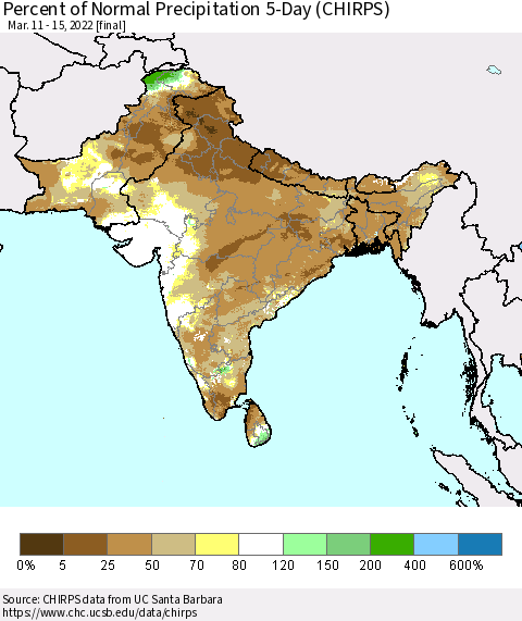 Southern Asia Percent of Normal Precipitation 5-Day (CHIRPS) Thematic Map For 3/11/2022 - 3/15/2022