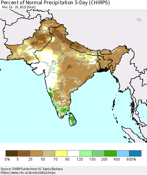Southern Asia Percent of Normal Precipitation 5-Day (CHIRPS) Thematic Map For 3/16/2022 - 3/20/2022